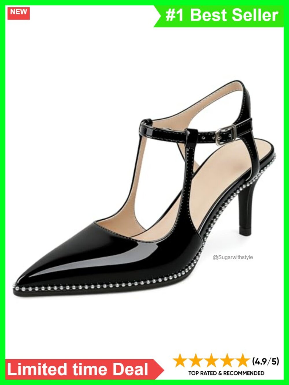 Slingback Kitten Heels Pointed Toe Ankle Strap Beaded Pumps 2.5 Inch Heel